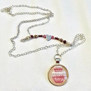 Pink Pyrex nesting bowl pendant Silver and Pink Beaded Necklace